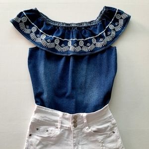 MEBON Off The Shoulder Blue Denim Top